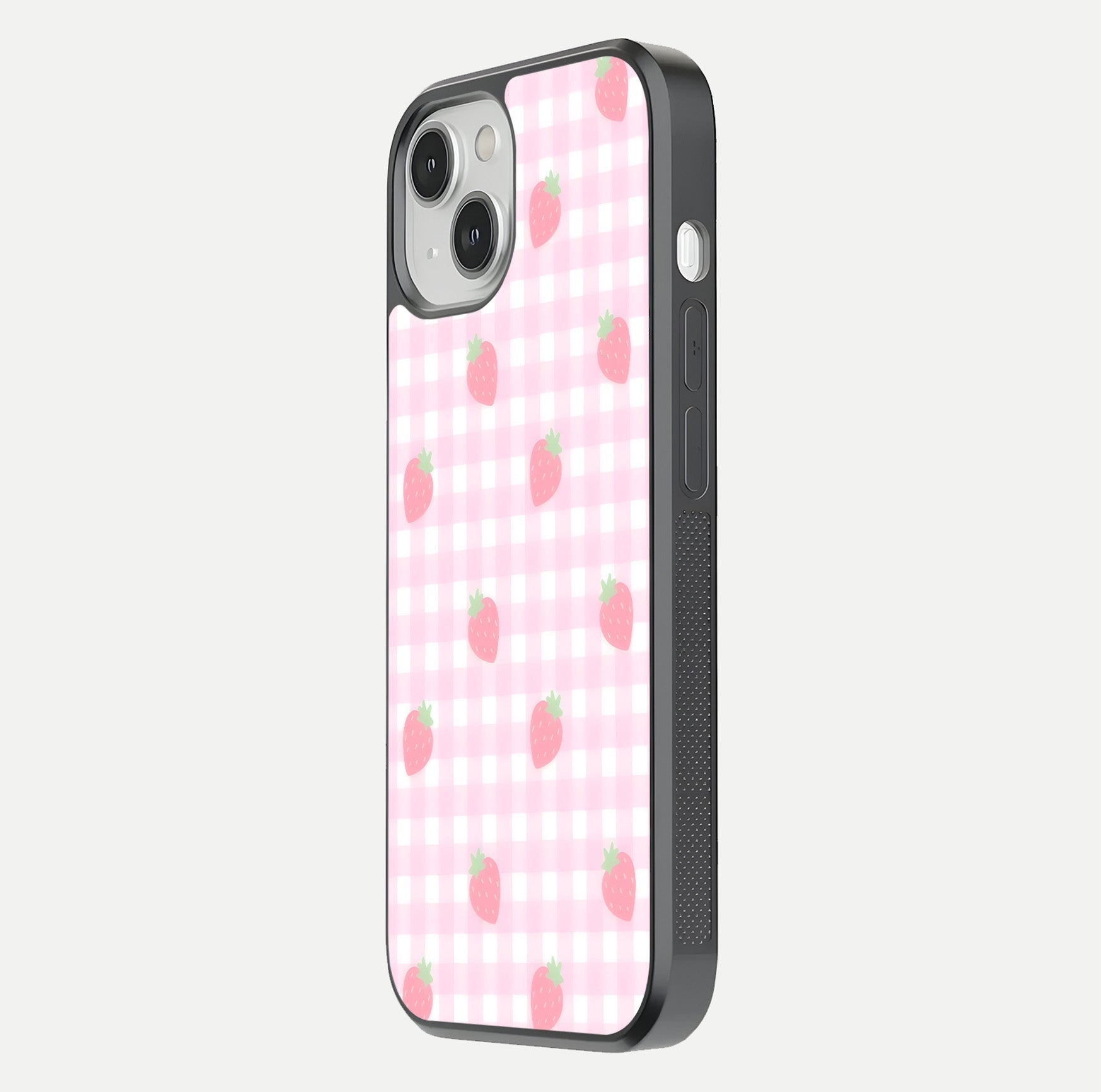 Strawberry Picnic Love iPhone 13 glass phone case side profile view focusing on smooth frame and seamless wrap