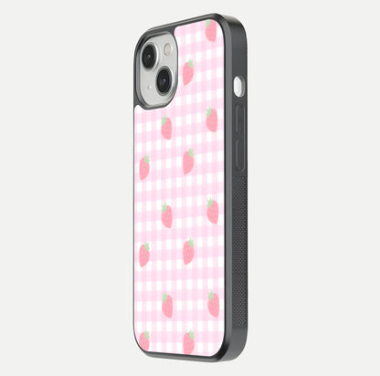 Strawberry Picnic Love iPhone 13 glass phone case side profile view focusing on smooth frame and seamless wrap
