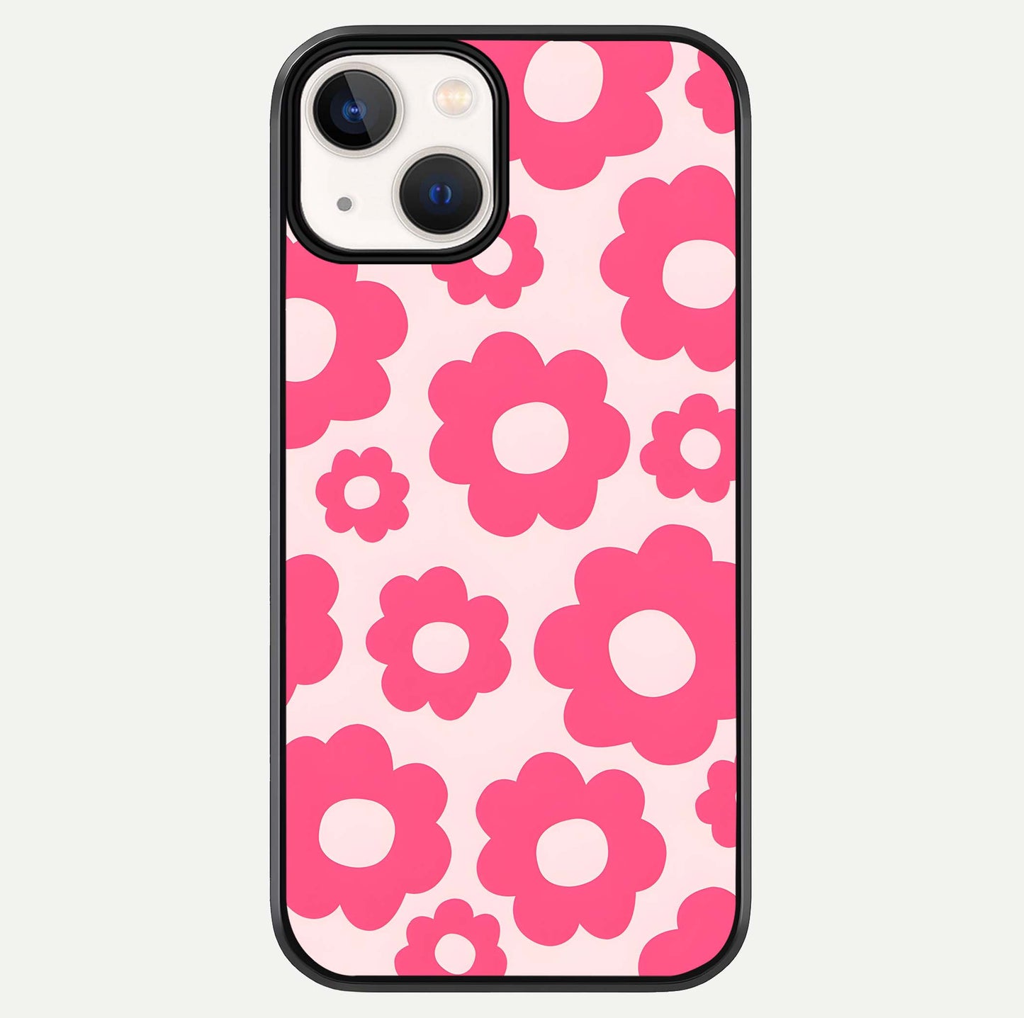 Blush Flower Pop iPhone 13 Mini glass phone case front view featuring playful blush floral artwork with glossy finish
