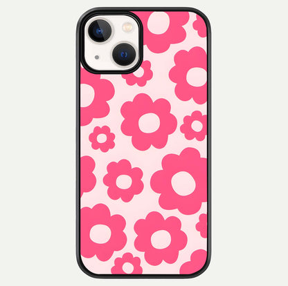 Blush Flower Pop iPhone 13 Mini glass phone case front view featuring playful blush floral artwork with glossy finish