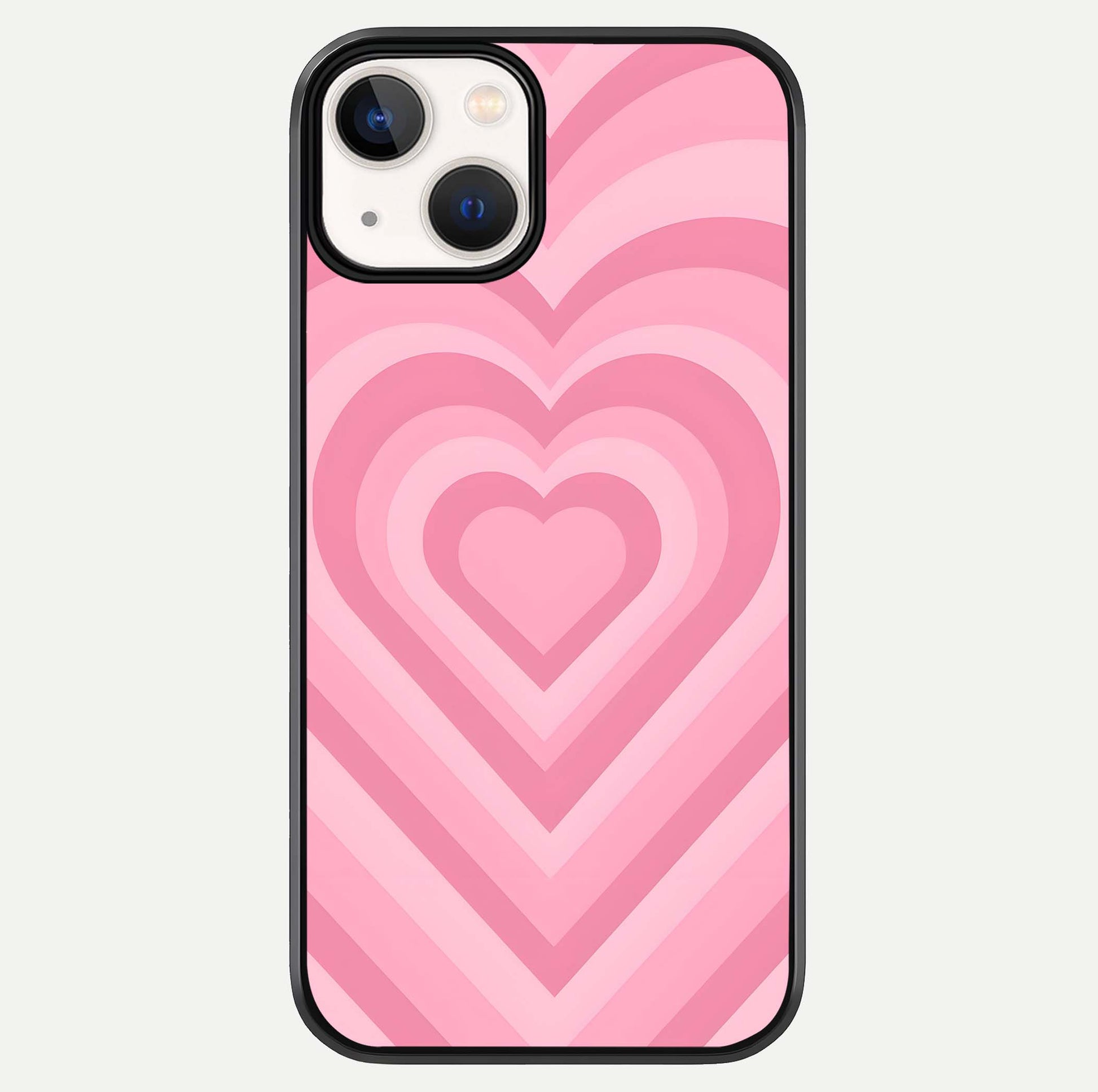 Blush Heart Waves iPhone 13 Mini glass phone case front view showcasing flowing heart wave patterns in soft blush tones