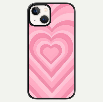Blush Heart Waves iPhone 13 Mini glass phone case front view showcasing flowing heart wave patterns in soft blush tones