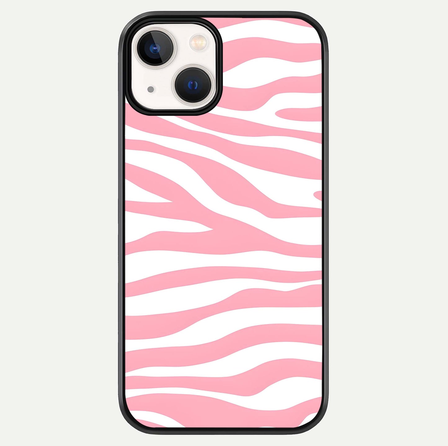 Blush Zebra Flow iPhone 13 Mini glass phone case front view featuring modern zebra flow pattern in blush tones