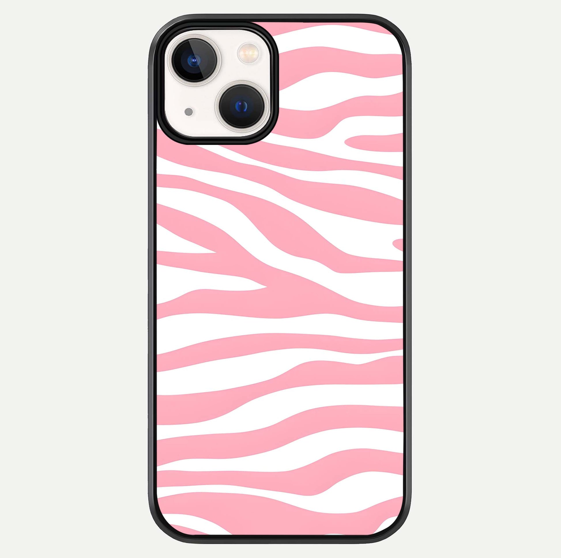 Blush Zebra Flow iPhone 13 Mini glass phone case front view featuring modern zebra flow pattern in blush tones