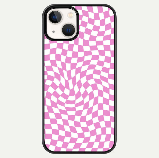 Bubblegum Check Wave iPhone 13 Mini glass phone case front view showcasing playful bubblegum check wave pattern with glossy finish