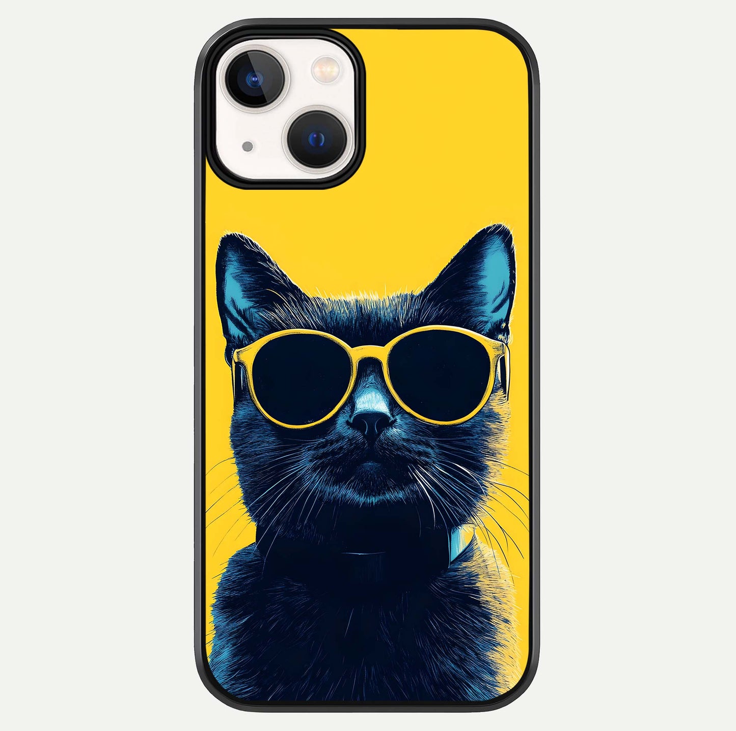 Cool Cat Vibes iPhone 13 Mini glass phone case front view featuring playful cat illustration with cool aesthetic tones