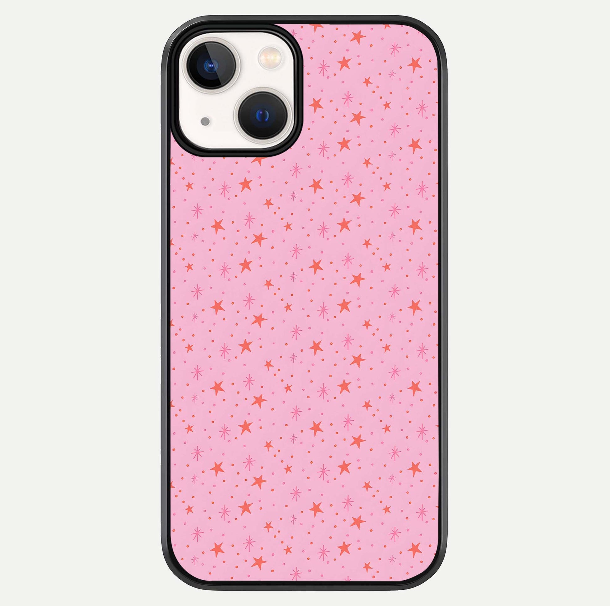 Cosmic Pink Sparkle iPhone 13 Mini glass phone case front view showcasing shimmering pink cosmic artwork with glossy finish