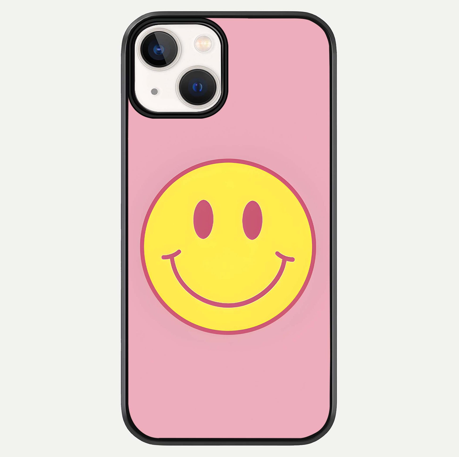 Happy Pink Mood iPhone 13 Mini glass phone case front view featuring cheerful pink tones and playful aesthetic design