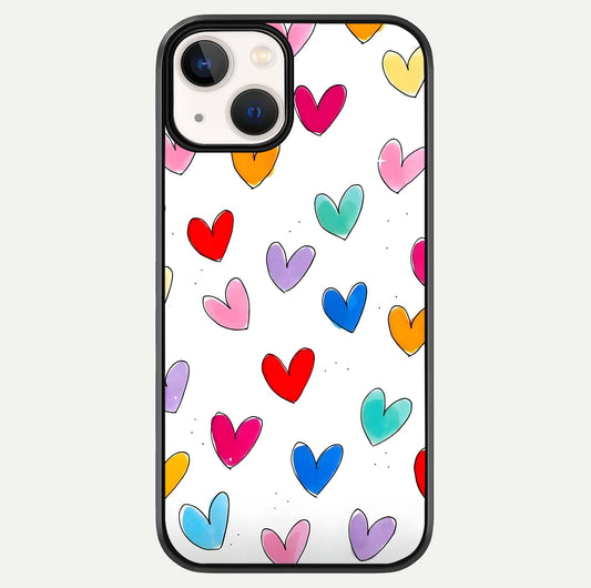 Playful Love Doodles iPhone 13 Mini glass phone case front view featuring cute love doodle illustrations with fun vibe
