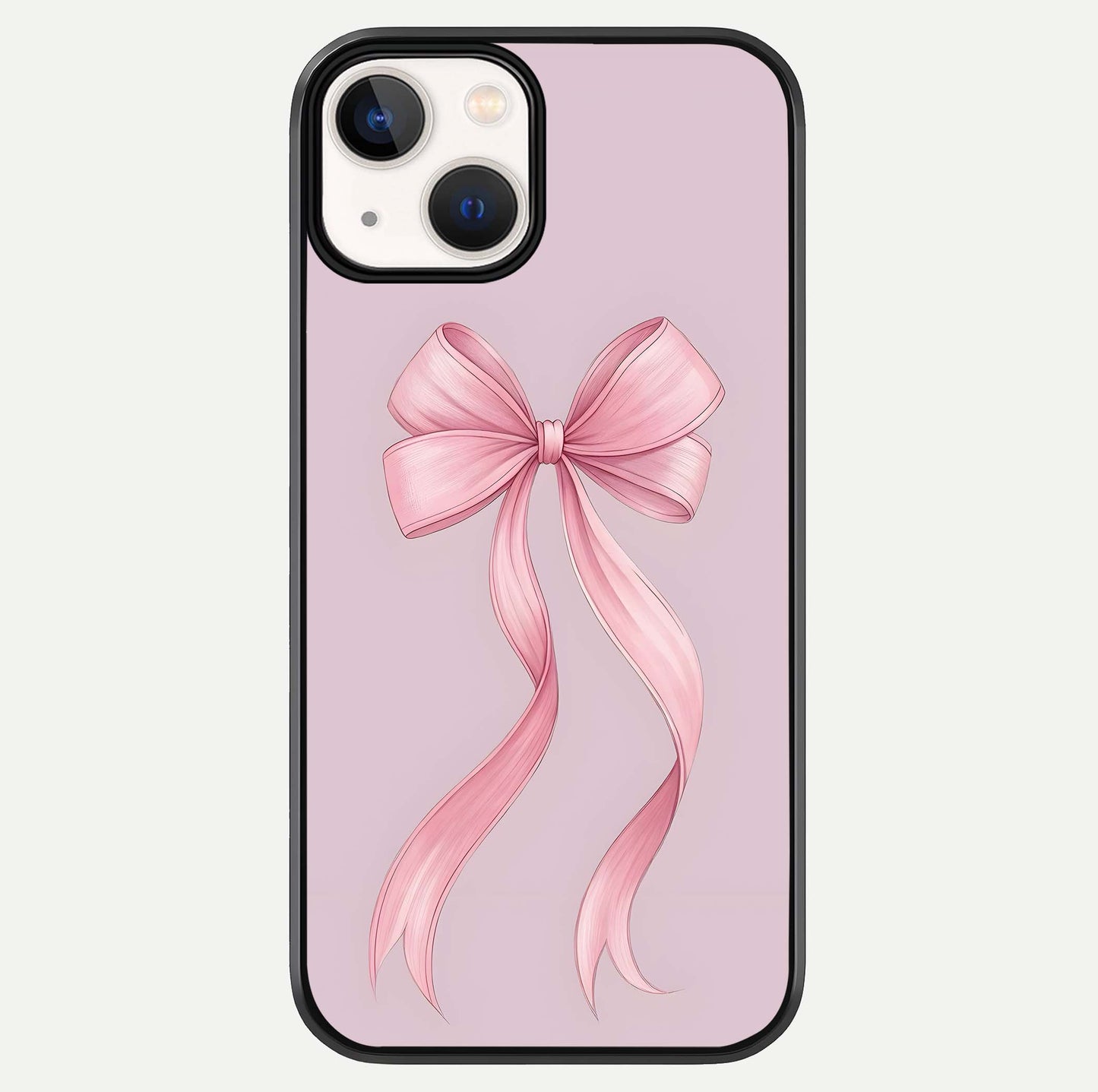 Soft Blush Bow iPhone 13 Mini glass phone case front view showcasing soft blush tones with elegant bow design