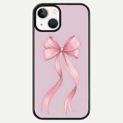 Soft Blush Bow iPhone 13 Mini glass phone case front view showcasing soft blush tones with elegant bow design