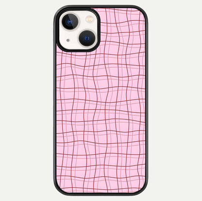 Soft Grid Bliss iPhone 13 Mini glass phone case front view showcasing minimal grid pattern with soft aesthetic