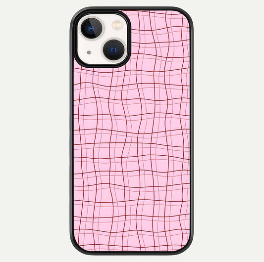 Soft Grid Bliss iPhone 13 Mini glass phone case front view showcasing minimal grid pattern with soft aesthetic