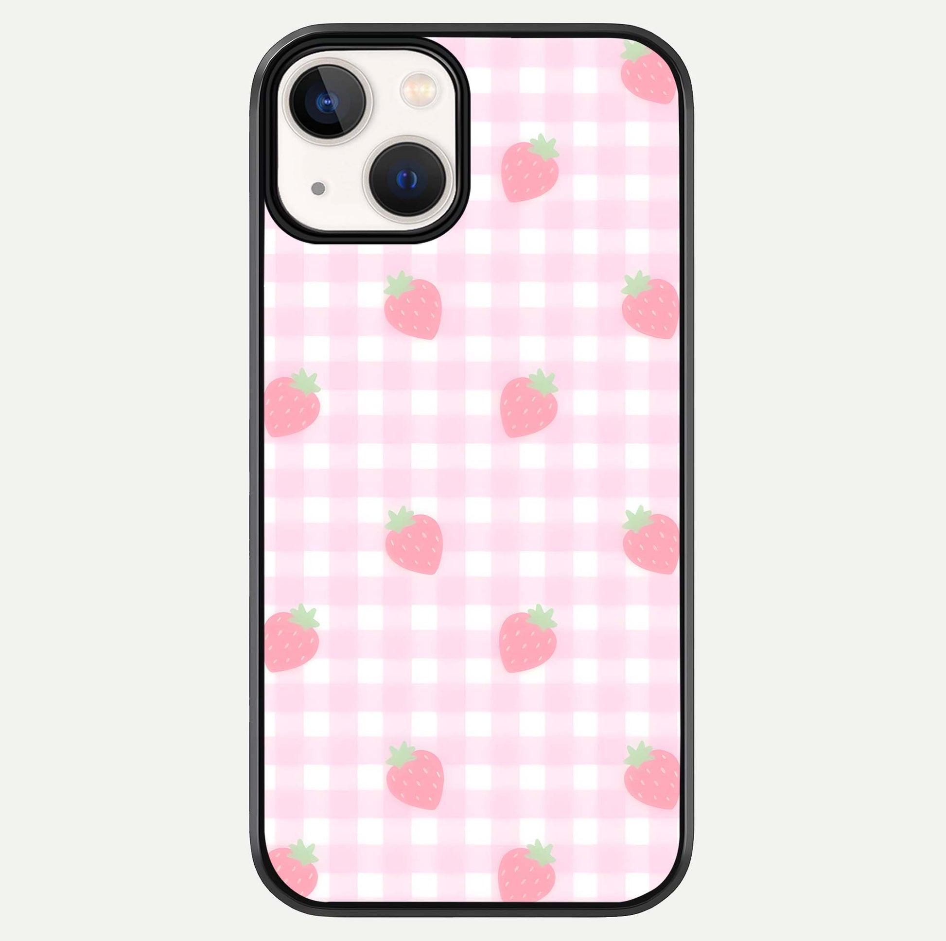 Strawberry Picnic Love iPhone 13 Mini glass phone case front view featuring cute strawberry picnic artwork with romantic vibe