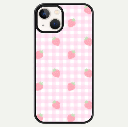 Strawberry Picnic Love iPhone 13 Mini glass phone case front view featuring cute strawberry picnic artwork with romantic vibe
