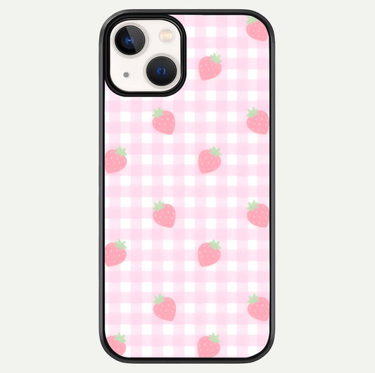 Strawberry Picnic Love iPhone 13 Mini glass phone case front view featuring cute strawberry picnic artwork with romantic vibe