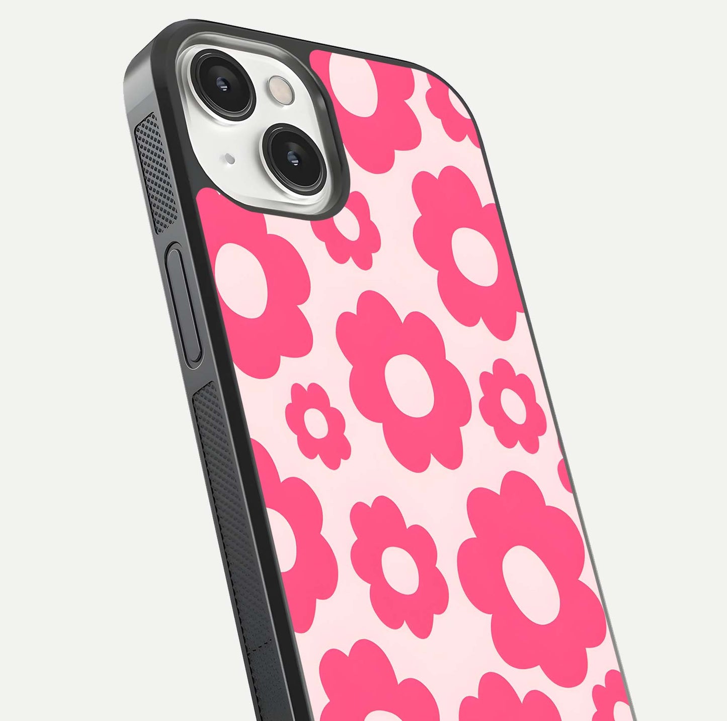 Blush Flower Pop iPhone 13 Mini glass phone case angled back view highlighting bright floral pop design and side grip texture
