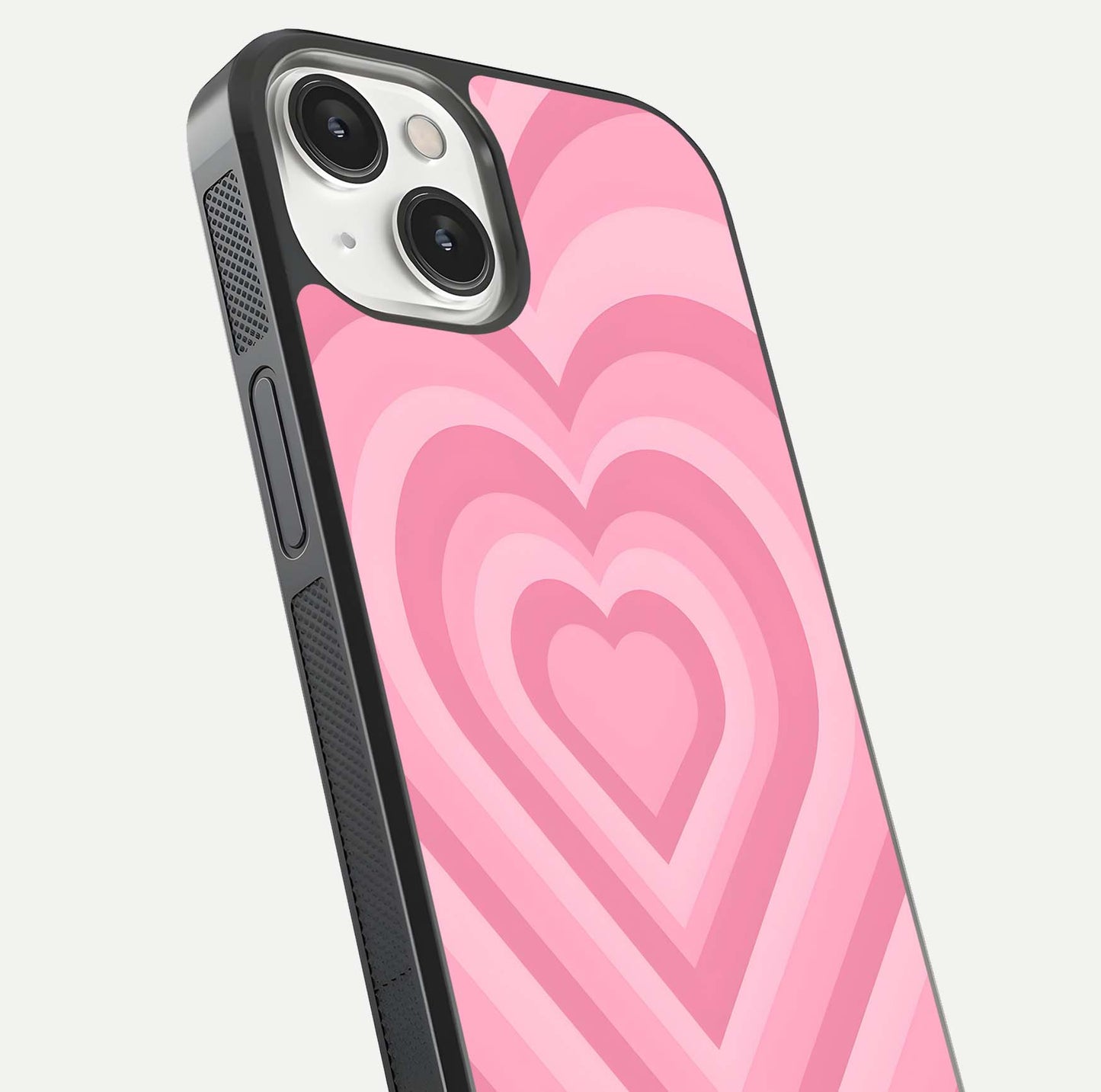 Blush Heart Waves iPhone 13 Mini glass phone case angled back view highlighting romantic heart wave artwork and grip texture