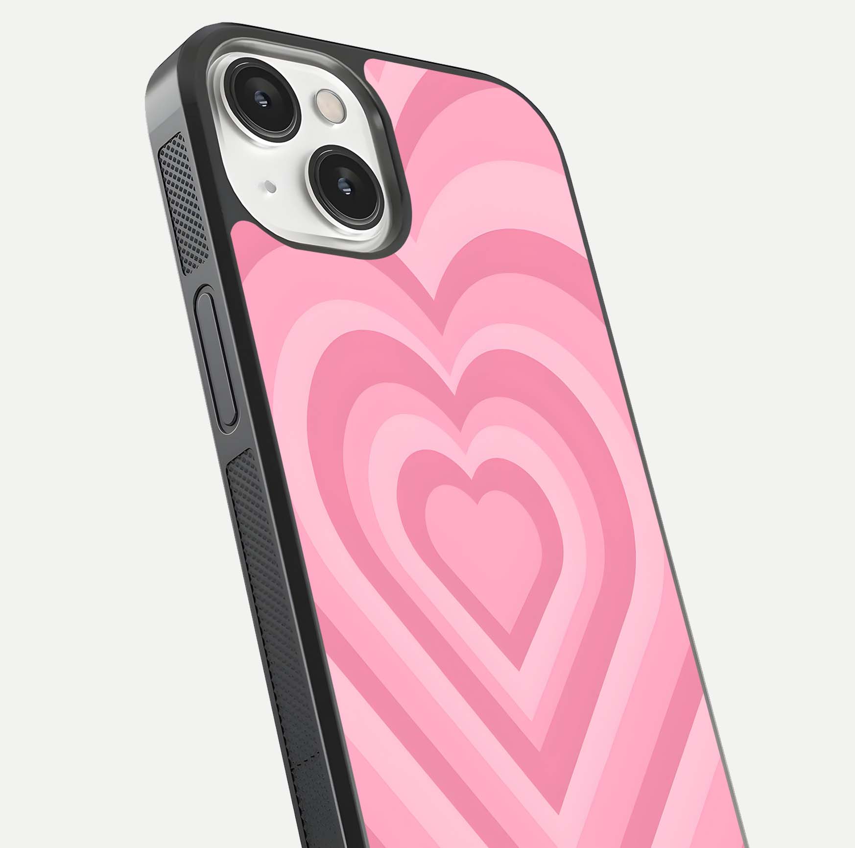 Blush Heart Waves iPhone 13 Mini glass phone case angled back view highlighting romantic heart wave artwork and grip texture