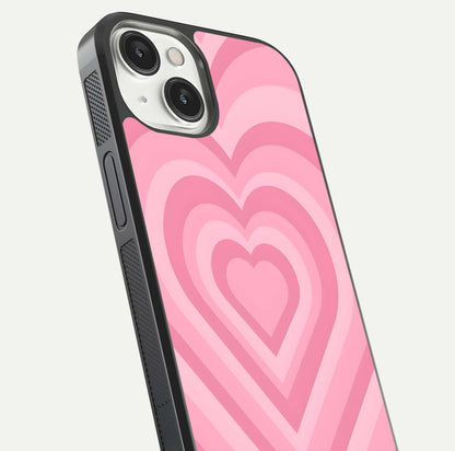 Blush Heart Waves iPhone 13 Mini glass phone case angled back view highlighting romantic heart wave artwork and grip texture
