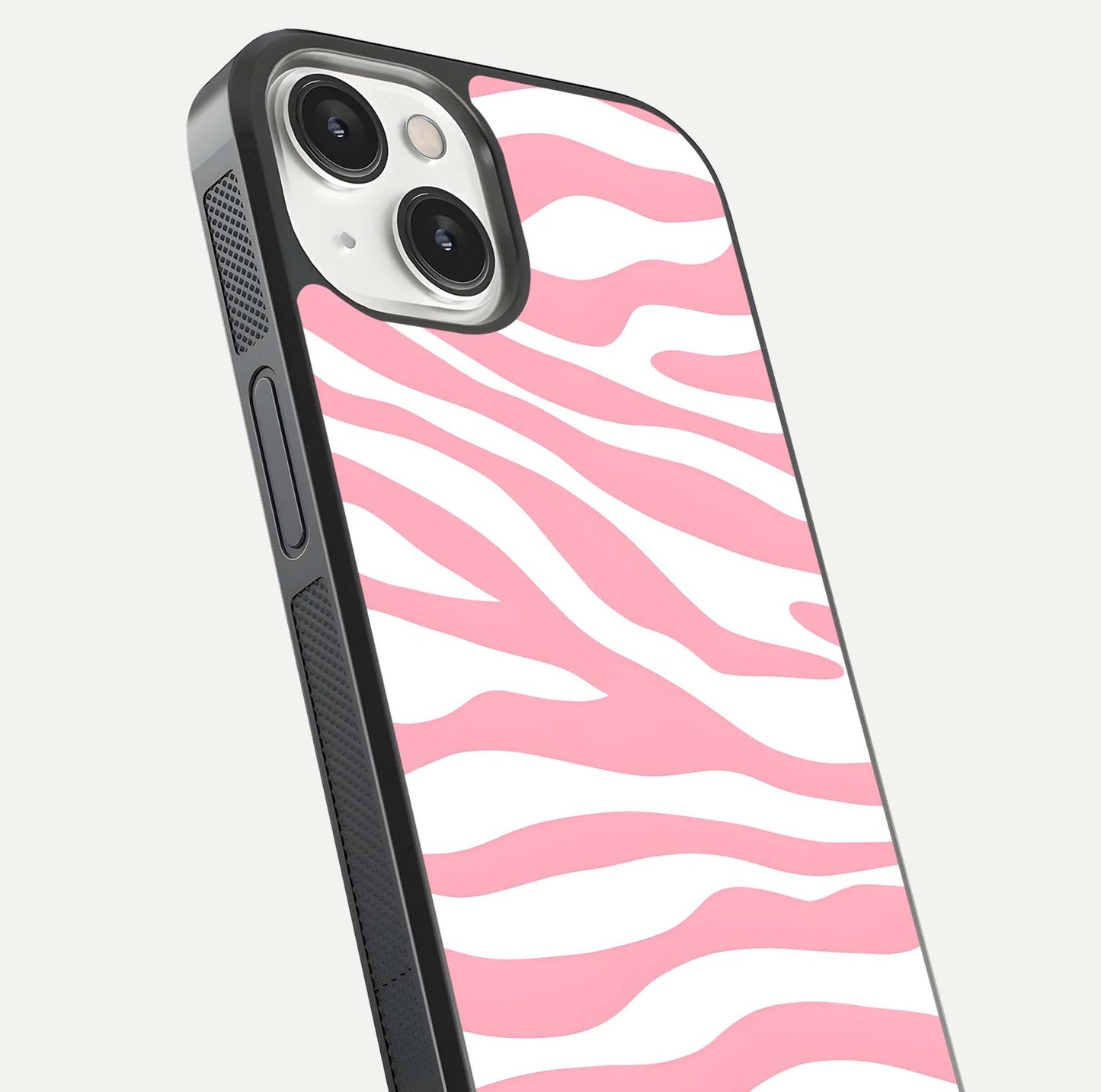 Blush Zebra Flow iPhone 13 Mini glass phone case angled back view highlighting bold zebra artwork and textured side grip