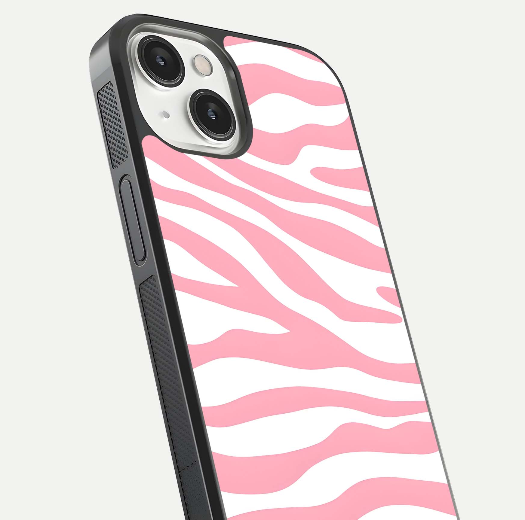 Blush Zebra Flow iPhone 13 Mini glass phone case angled back view highlighting bold zebra artwork and textured side grip