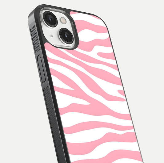 Blush Zebra Flow iPhone 13 Mini glass phone case angled back view highlighting bold zebra artwork and textured side grip