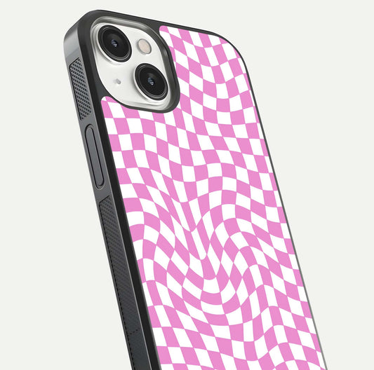 Bubblegum Check Wave iPhone 13 Mini glass phone case angled back view highlighting check wave artwork and side grip texture