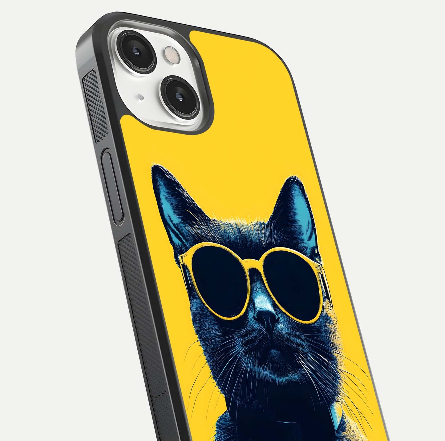 Cool Cat Vibes iPhone 13 Mini glass phone case angled back view highlighting cat artwork and textured side grip