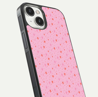 Cosmic Pink Sparkle iPhone 13 Mini glass phone case angled back view highlighting sparkling galaxy design and textured side grip