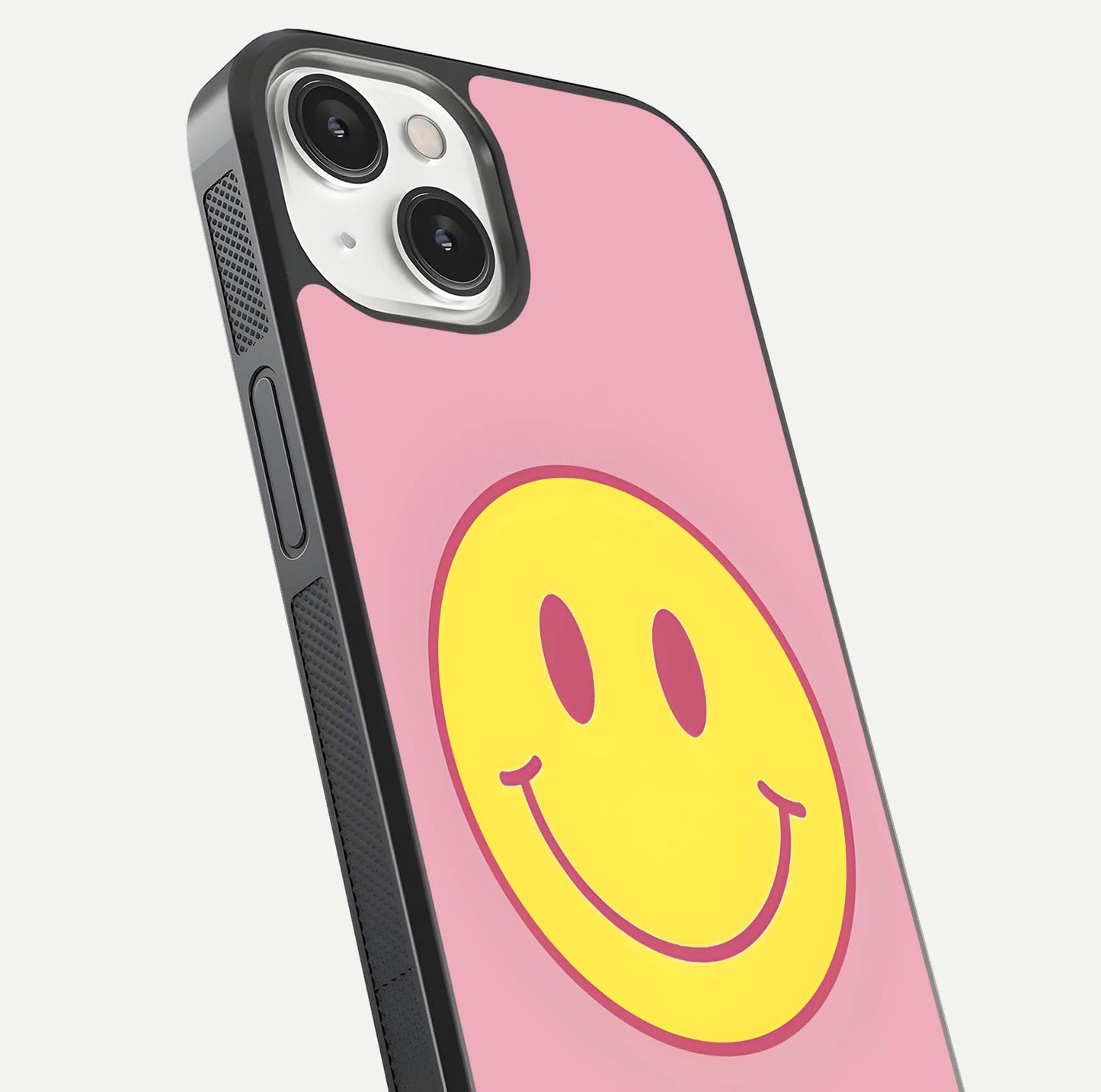 Happy Pink Mood iPhone 13 Mini glass phone case angled back view highlighting bright pink artwork and side grip texture