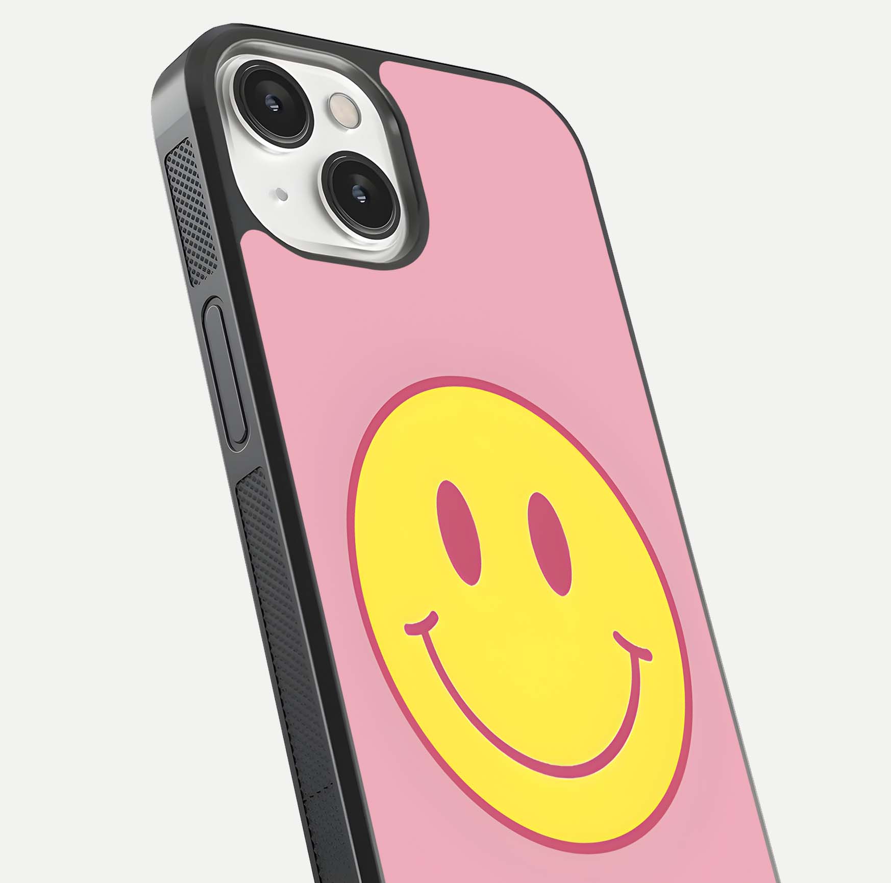 Happy Pink Mood iPhone 13 Mini glass phone case angled back view highlighting bright pink artwork and side grip texture