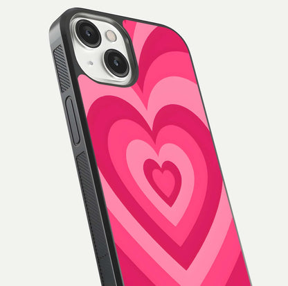 Layered Love Hearts iPhone 13 Mini glass phone case angled back view highlighting heart artwork and textured grip edges