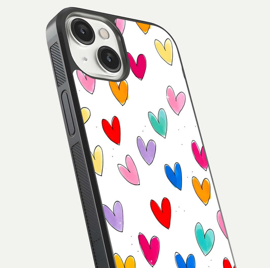 Playful Love Doodles iPhone 13 Mini glass phone case angled back view highlighting doodle artwork and textured grip edges