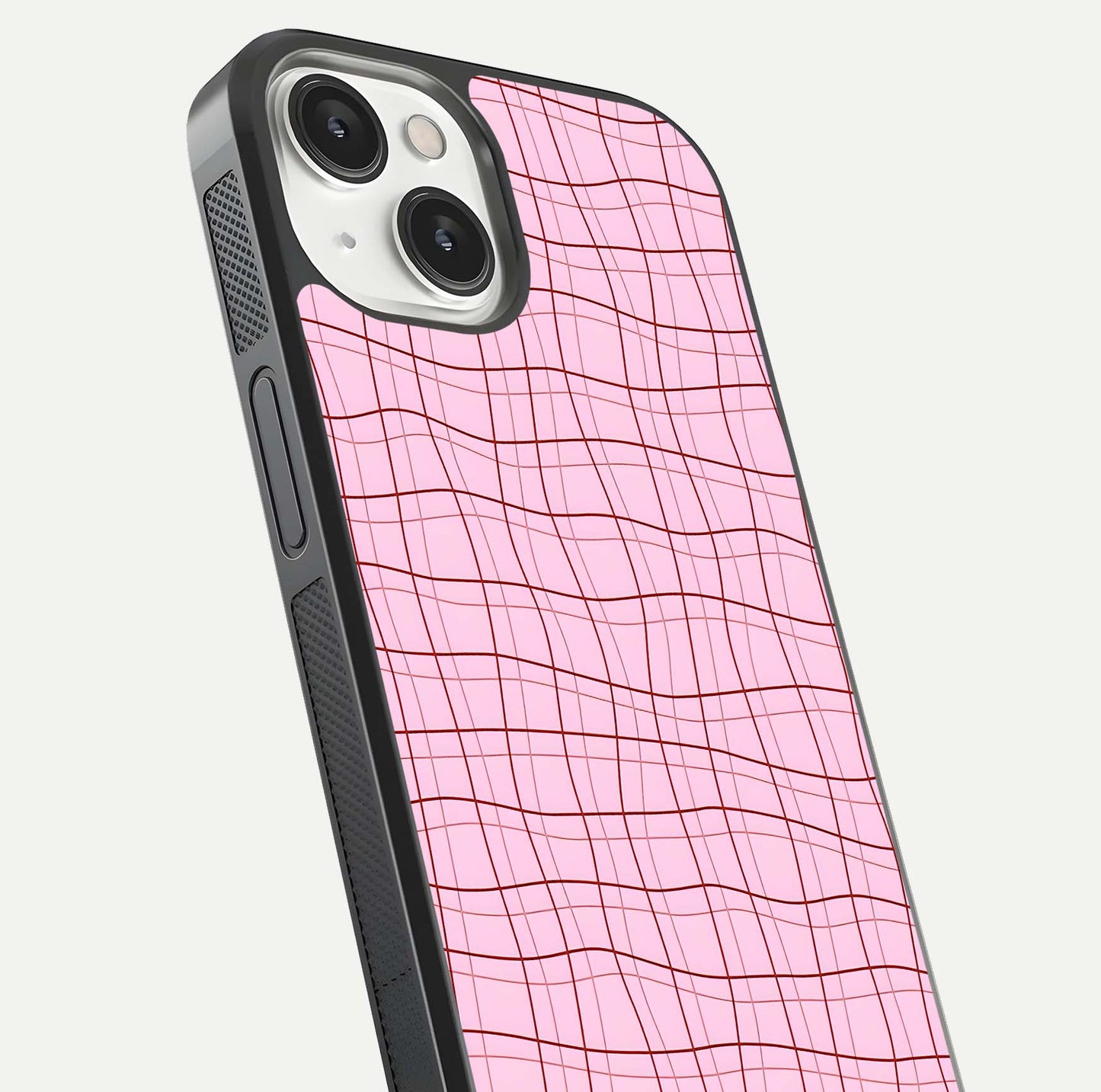 Soft Grid Bliss iPhone 13 Mini glass phone case angled back view highlighting grid artwork and side grip texture