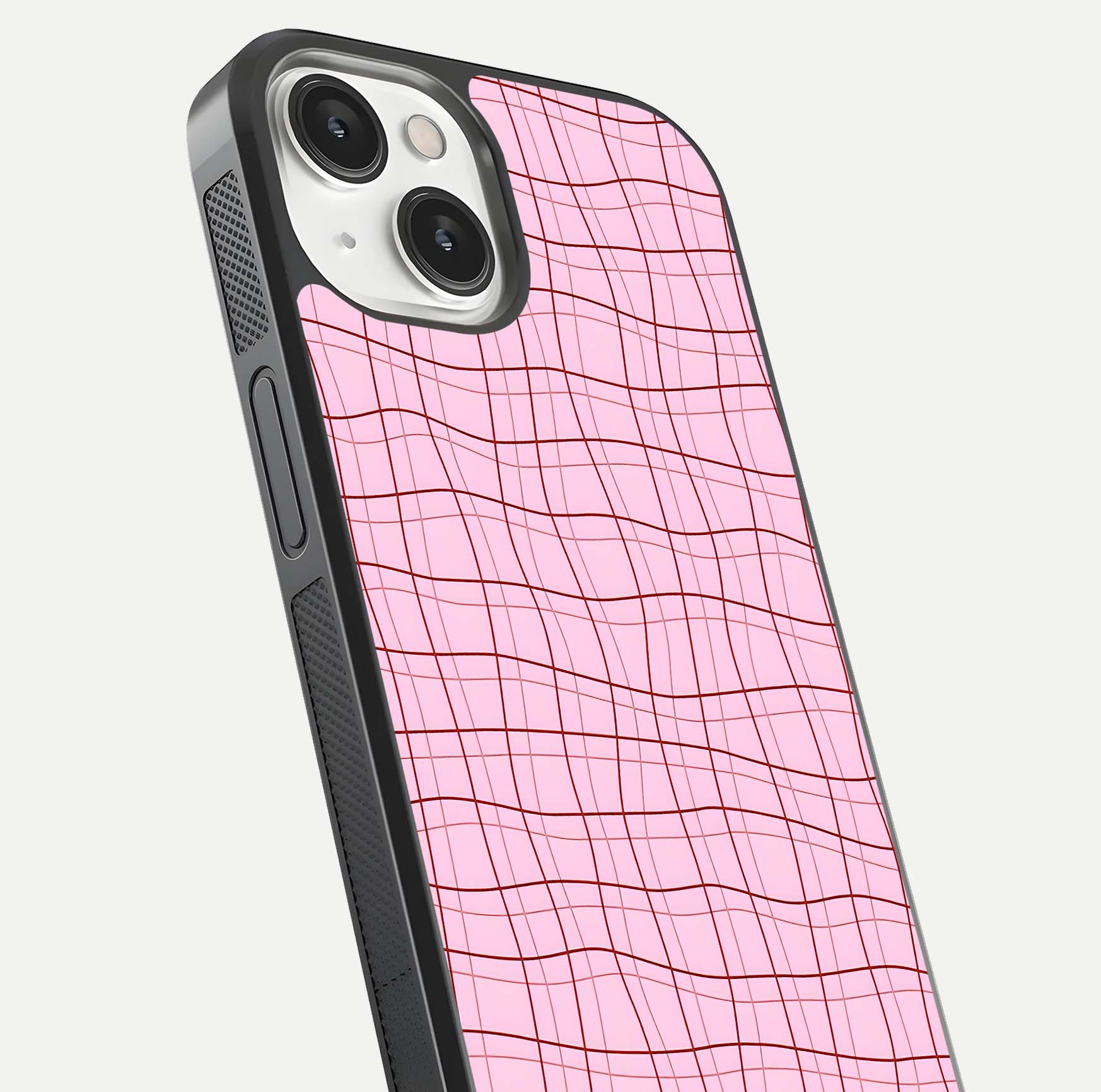 Soft Grid Bliss iPhone 13 Mini glass phone case angled back view highlighting grid artwork and side grip texture