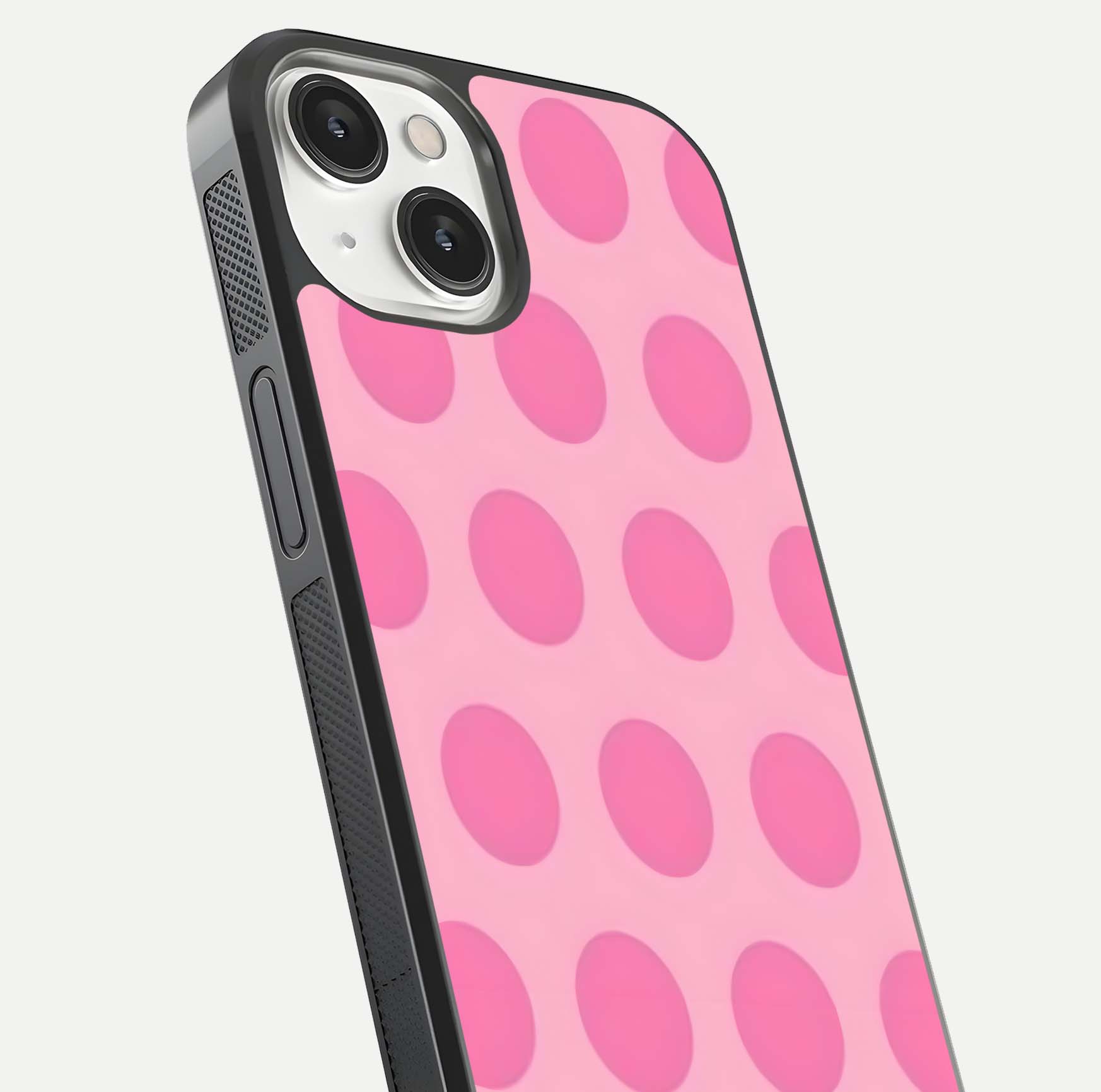 Sweet Dot Dreams iPhone 13 Mini glass phone case angled back view highlighting dotted artwork and side grip texture
