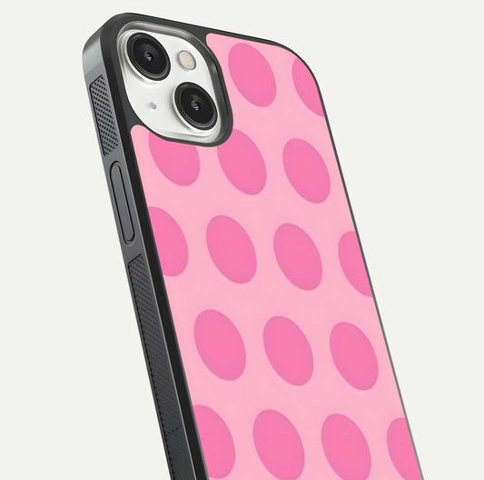 Sweet Dot Dreams iPhone 13 Mini glass phone case angled back view highlighting dotted artwork and side grip texture