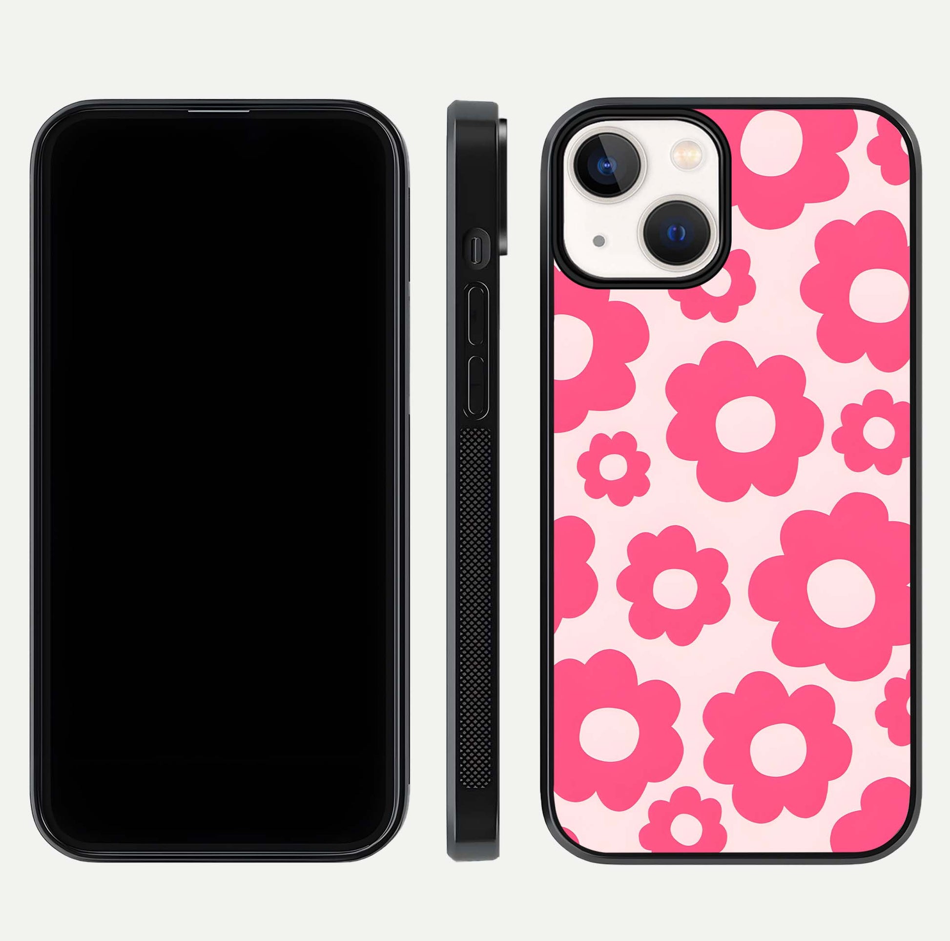 Blush Flower Pop iPhone 13 Mini glass phone case front and side layout view showing slim profile and full floral coverage
