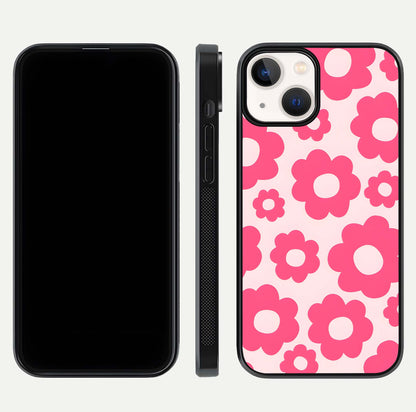 Blush Flower Pop iPhone 13 Mini glass phone case front and side layout view showing slim profile and full floral coverage