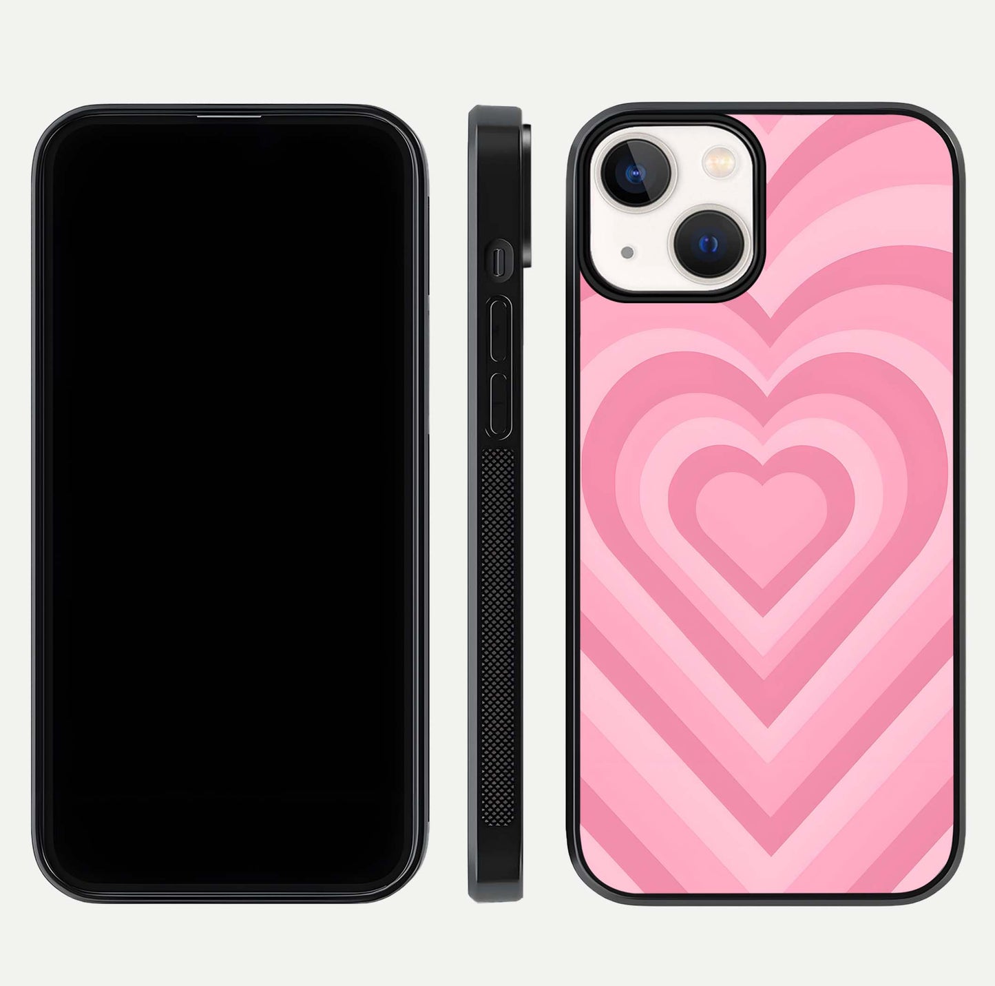 Blush Heart Waves iPhone 13 Mini glass phone case front and side layout view displaying slim frame and full heart pattern