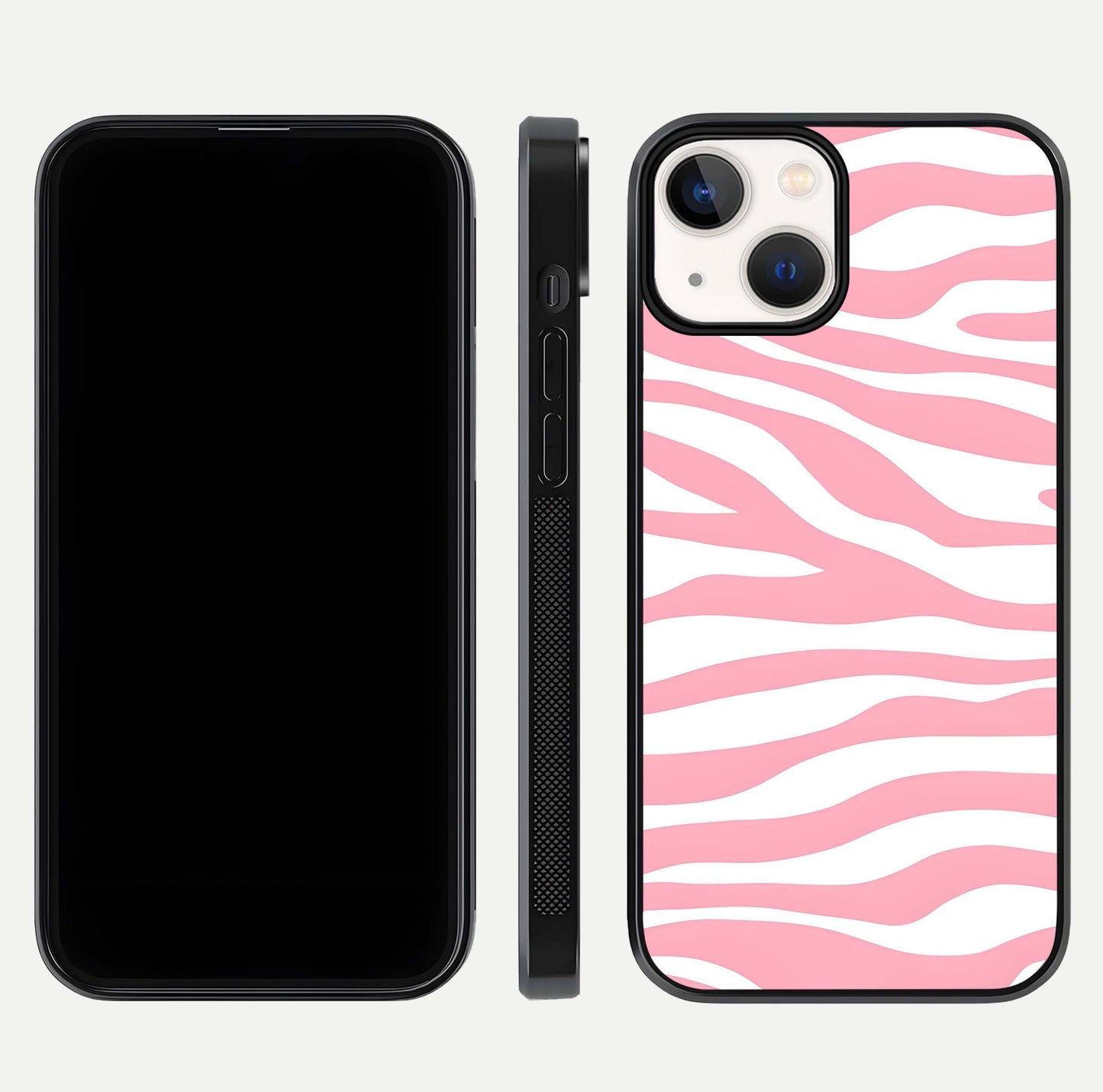 Blush Zebra Flow iPhone 13 Mini glass phone case front and side layout view showing slim build and flowing pattern coverage