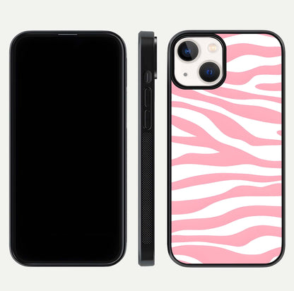 Blush Zebra Flow iPhone 13 Mini glass phone case front and side layout view showing slim build and flowing pattern coverage