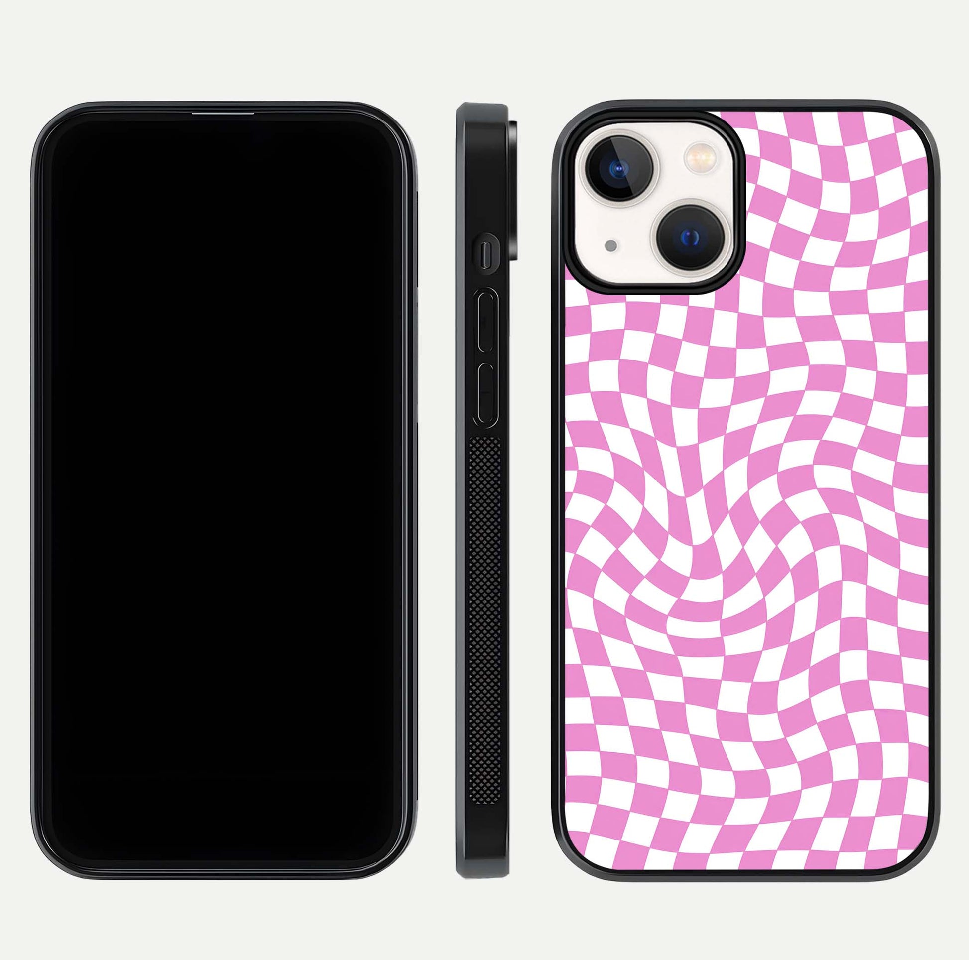 Bubblegum Check Wave iPhone 13 Mini glass phone case front and side layout view displaying slim profile and full pattern coverage
