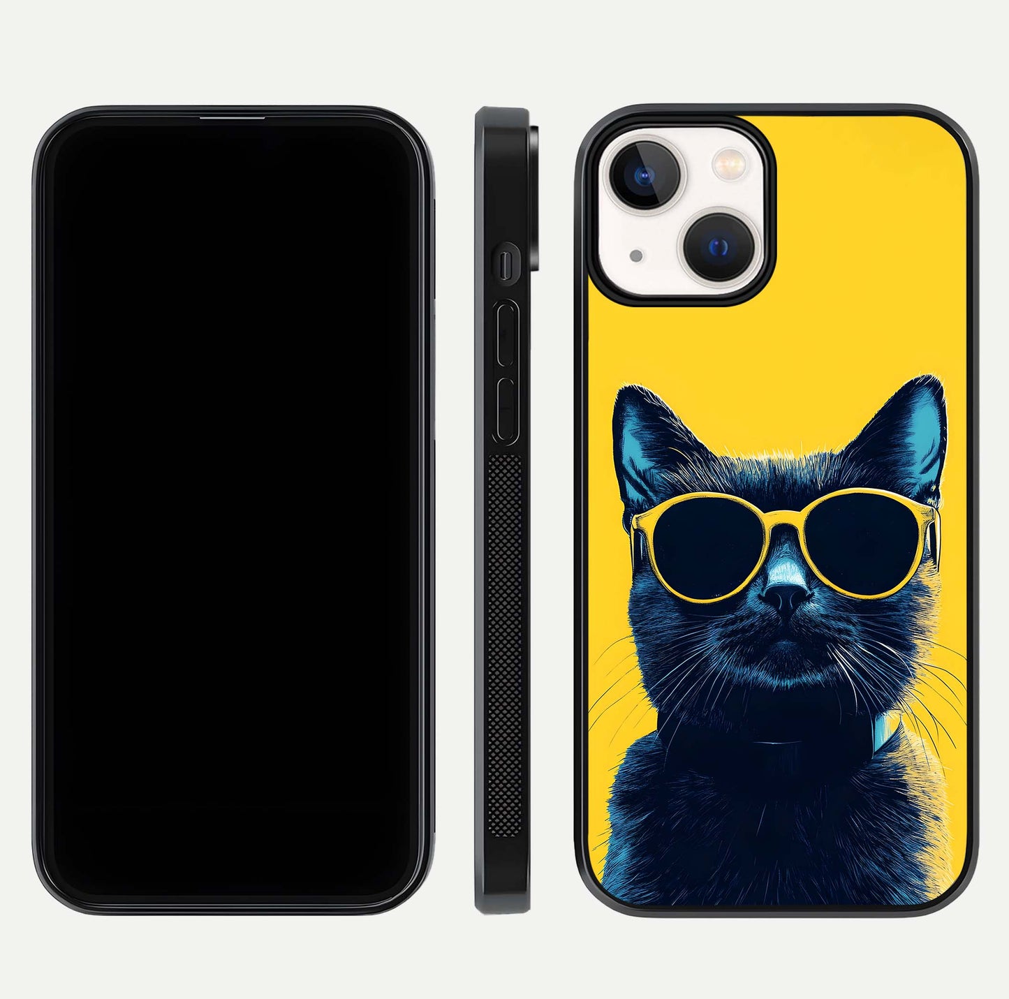Cool Cat Vibes iPhone 13 Mini glass phone case front and side layout view showing slim frame and full design coverage