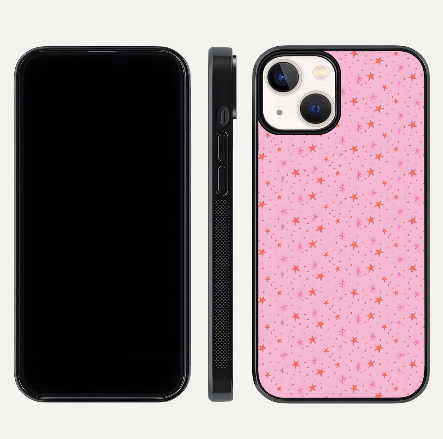 Cosmic Pink Sparkle iPhone 13 Mini glass phone case front and side layout view displaying slim profile and full cosmic coverage