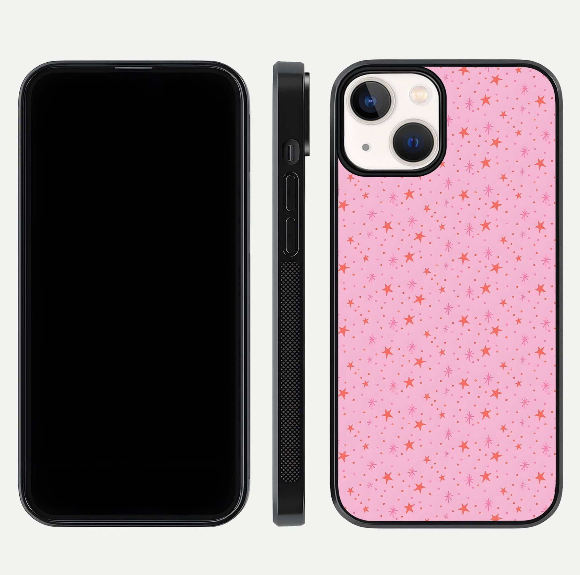 Cosmic Pink Sparkle iPhone 13 Mini glass phone case front and side layout view displaying slim profile and full cosmic coverage