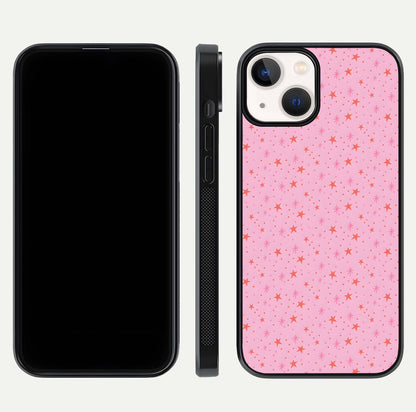 Cosmic Pink Sparkle iPhone 13 Mini glass phone case front and side layout view displaying slim profile and full cosmic coverage