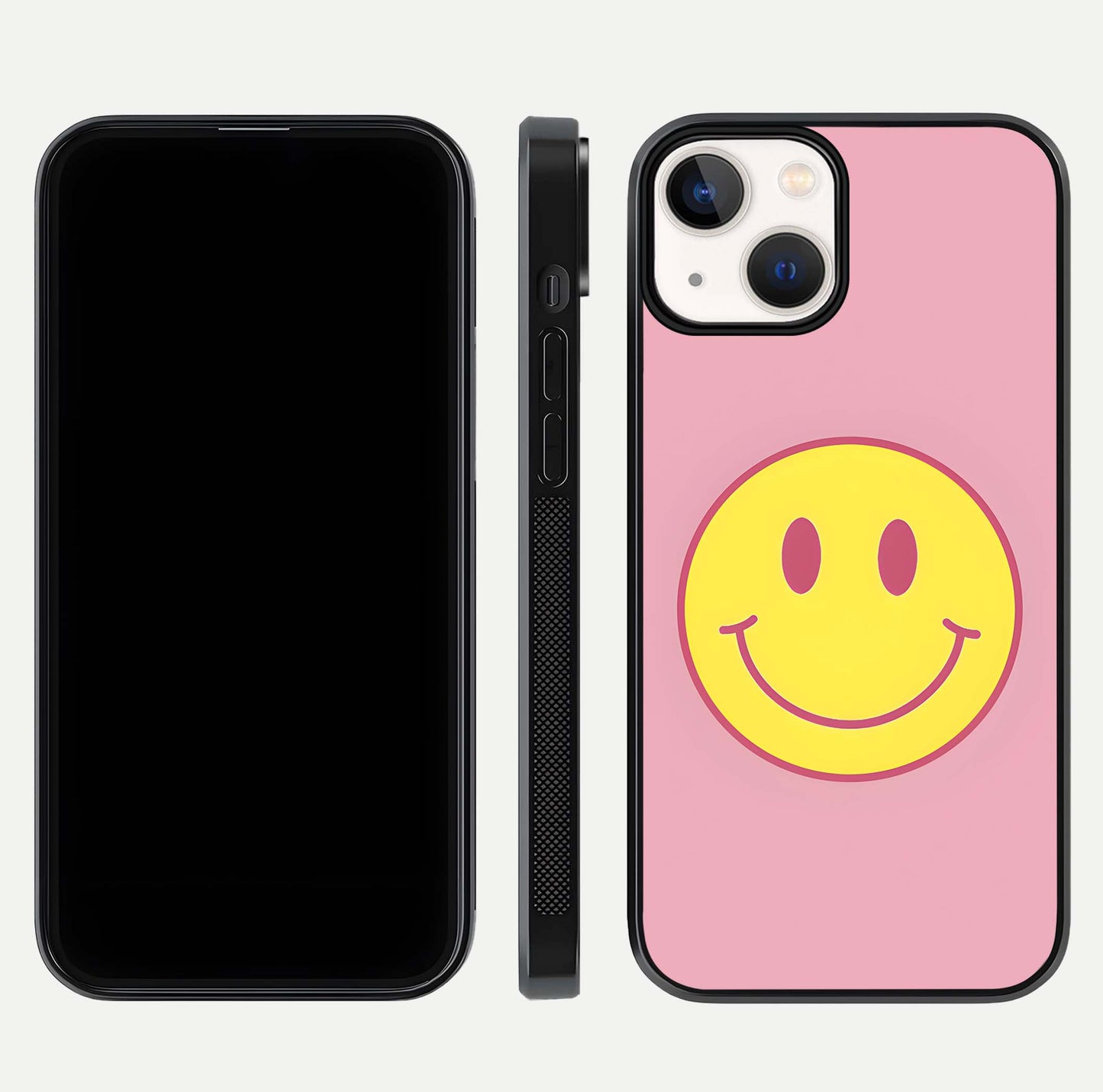 Happy Pink Mood iPhone 13 Mini glass phone case front and side layout view showing slim build and full pink coverage