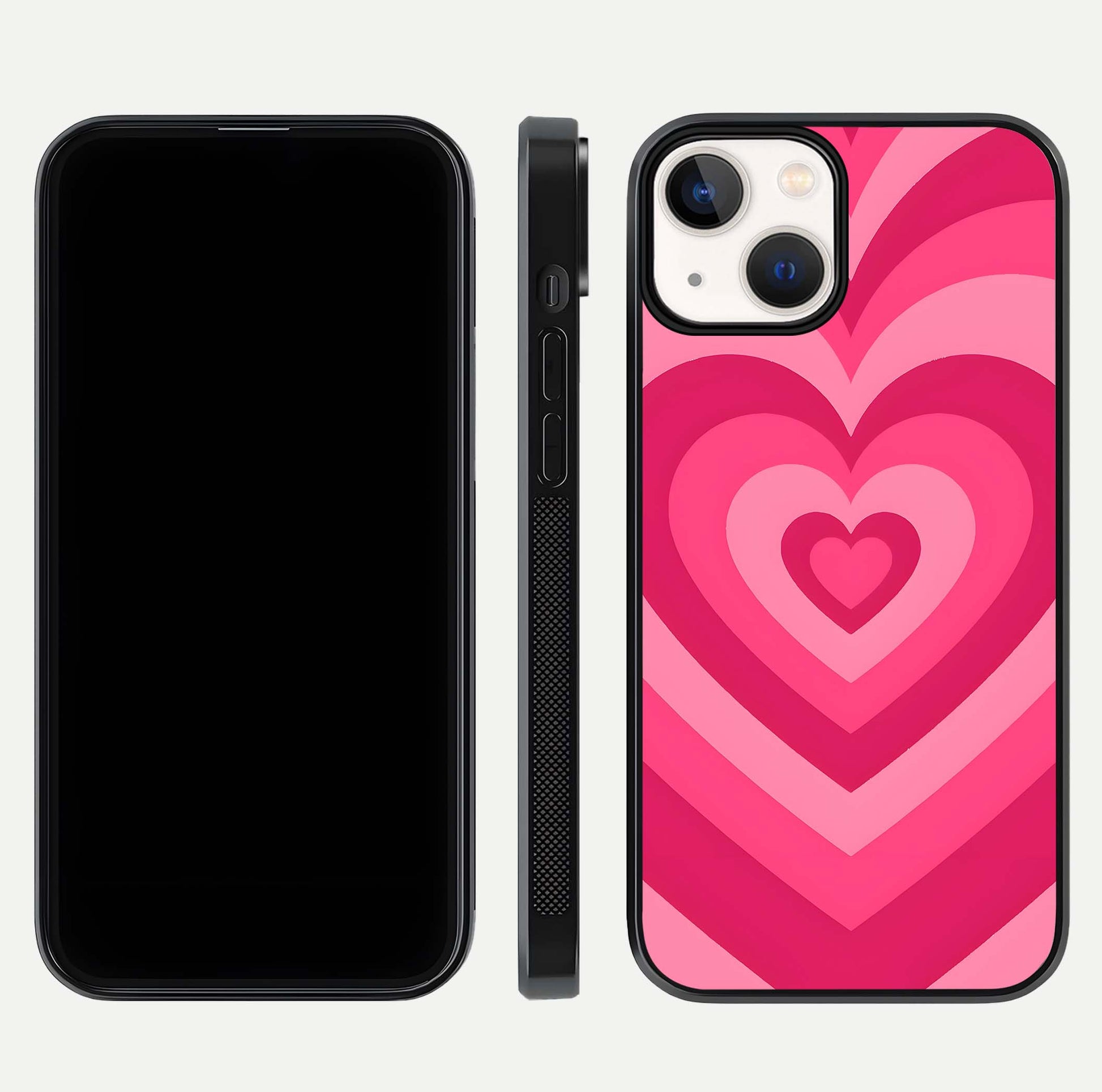 Layered Love Hearts iPhone 13 Mini glass phone case front and side layout view displaying slim profile and full heart design
